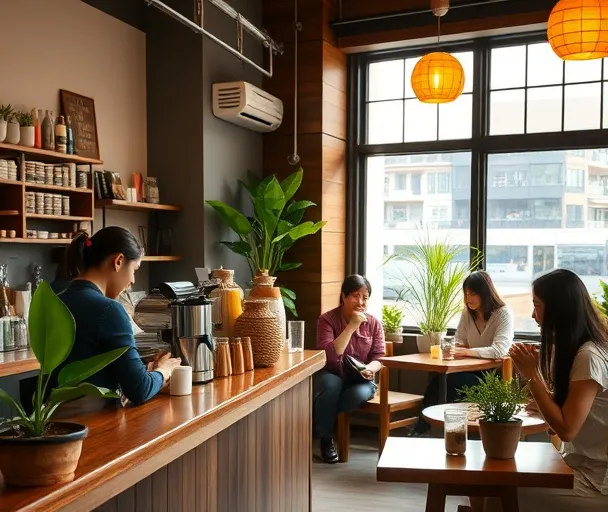カウンターでコーヒーを淹れるカフェの様子。自然光の入る店内