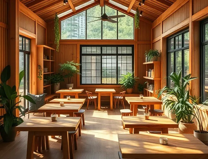 無垢材のテーブルと観葉植物のある店内