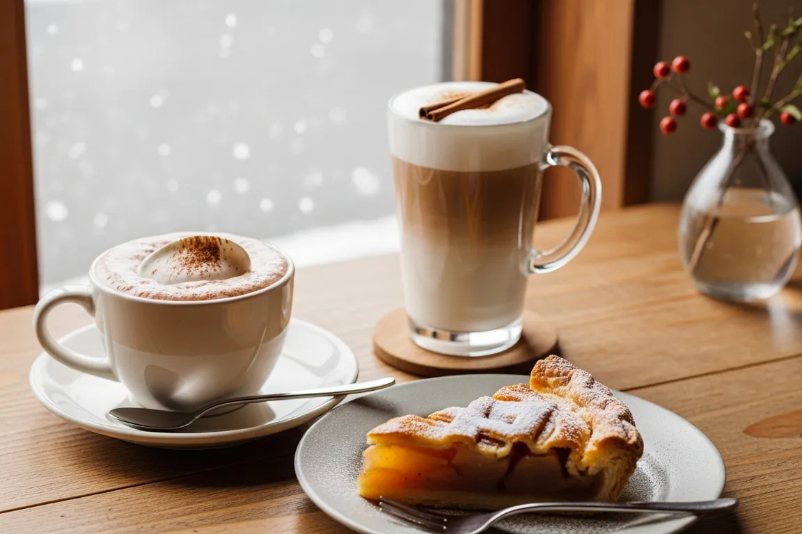 冬季限定の温かいドリンクとスイーツのイメージ